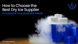 Dry ice blocks emitting fog in a blue container on a wooden surface.