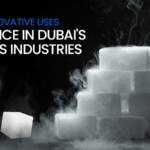 Stacked blocks of dry ice emitting fog.