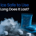 Dry ice cubes in a bowl and vacuum-sealed packs, surrounded by fog.