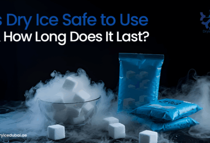 Dry ice cubes in a bowl and vacuum-sealed packs, surrounded by fog.