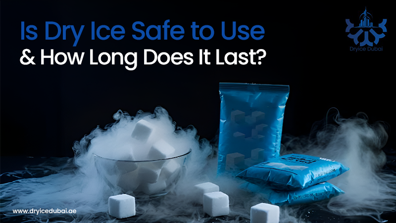 Dry ice cubes in a bowl and vacuum-sealed packs, surrounded by fog.