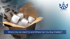 A box of dry ice cubes emitting vapor.