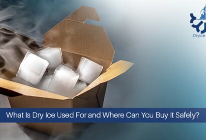 A box of dry ice cubes emitting vapor.