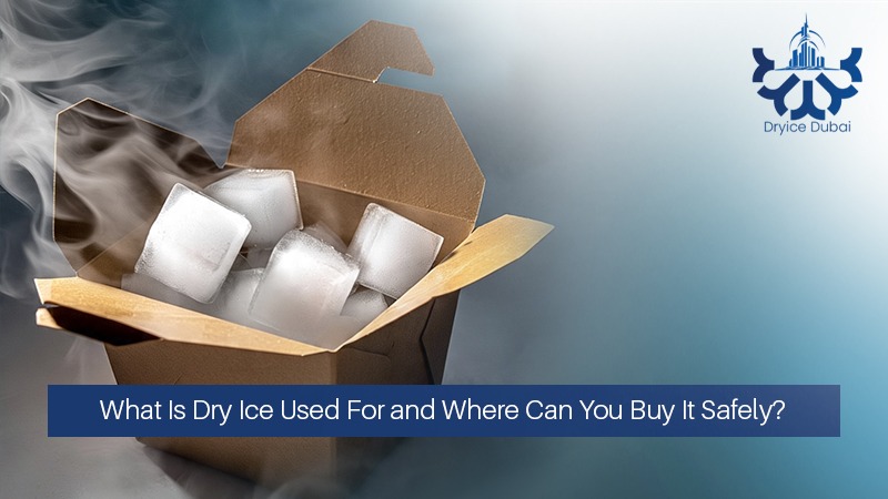 A box of dry ice cubes emitting vapor.