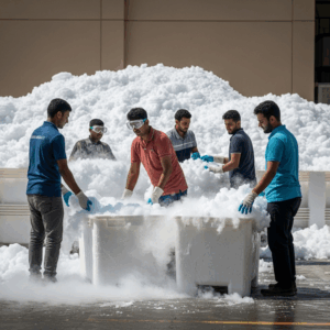 The expert team preparing high-purity dry ice blocks for shipment across the UAE. All staff wear insulated gloves and goggles to ensure safe handling.