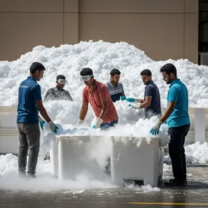 The expert team preparing high-purity dry ice blocks for shipment across the UAE. All staff wear insulated gloves and goggles to ensure safe handling.