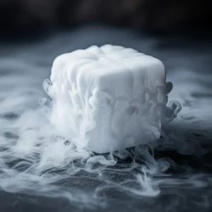 A block of dry ice sublimating on a dark surface, creating thick white fog-like vapor swirling around it.