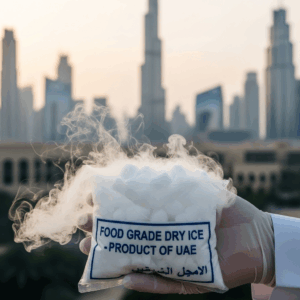 A gloved hand holding a steaming bag of food-grade dry ice.