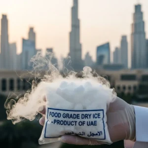 A gloved hand holding a steaming bag of food-grade dry ice.