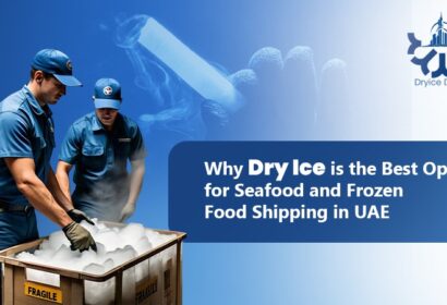 Two workers in blue uniforms are handling a crate labeled FRAGILE, which contains dry ice emitting visible vapor, reinforcing the cold environment needed for preservation.