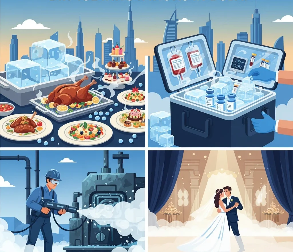 Dry ice supplier in Dubai showcasing innovations – food preservation with dry ice blocks, medical-grade dry ice for vaccines and blood transport, industrial dry ice blasting for machinery, and wedding fog effects, set against the Dubai skyline.