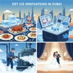 Dry ice supplier in Dubai showcasing innovations – food preservation with dry ice blocks, medical-grade dry ice for vaccines and blood transport, industrial dry ice blasting for machinery, and wedding fog effects, set against the Dubai skyline.