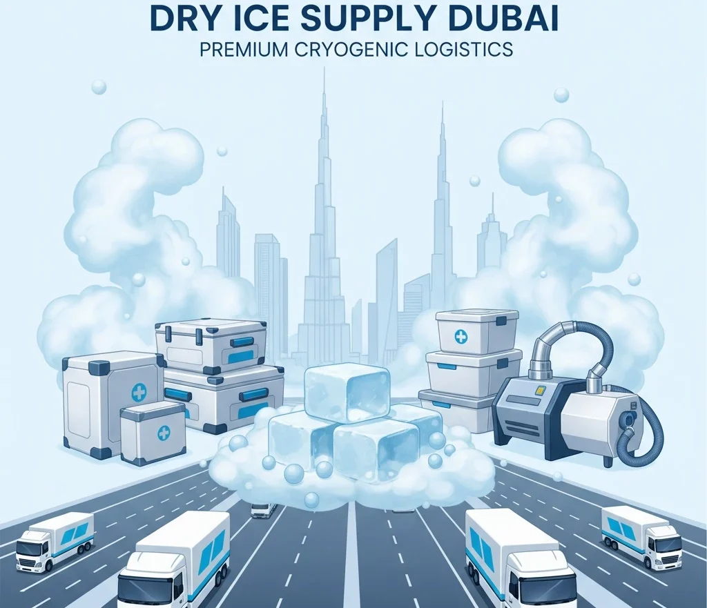 Dry ice supplier in Dubai providing premium cryogenic logistics with blocks, pellets, insulated containers, delivery trucks, and Dubai skyline in background.